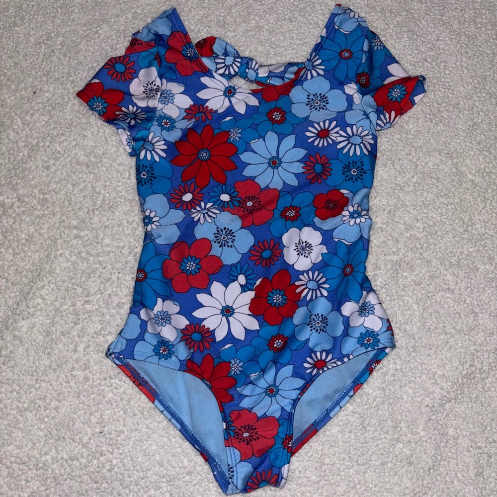 Cat & Jack Girls Floral One Piece Swimsuit Blue Red Retro XS 4/5 Flutter Sleeve
